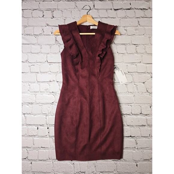 Bailey 44 Glade Skiing Faux Suede Plum Burgundy Sheath Ruffle Dress New Size Sm - Picture 1 of 14